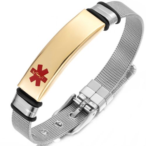 **COI Titanium Gold Tone Silver/Silver/Black Medical Alert Bracelet With Steel Clasp(Length: 9.06 inches)-9962AA