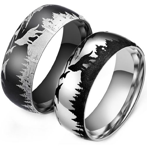 **COI Titanium Black/Silver Wolf Trees Forest & Mountain Ring-9966AA