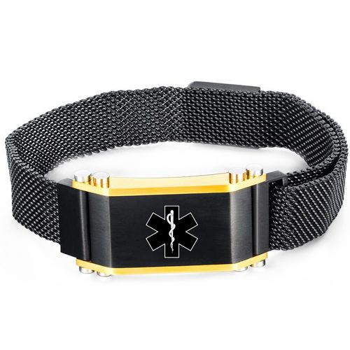 **COI Titanium Black Gold Tone Medical Alert Bracelet With Steel Clasp(Length: 8.27 inches)-9976AA