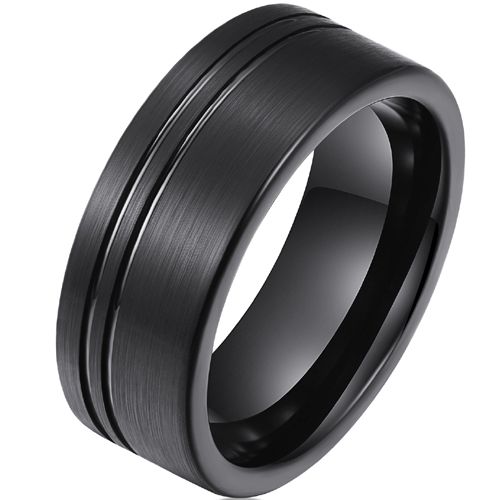 **COI Black Tungsten Carbide Double Grooves Ring-9992AA