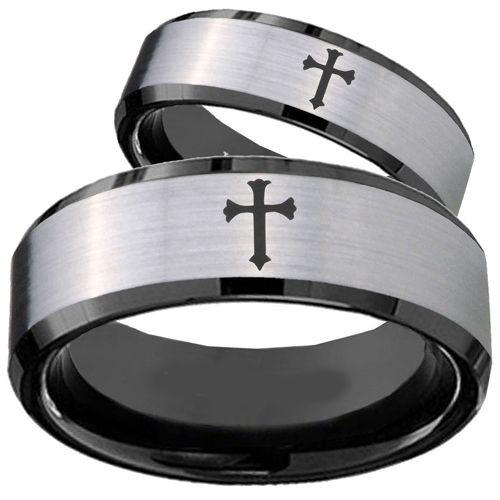 COI Titanium Black Silver Cross Beveled Edges Ring-JT5013