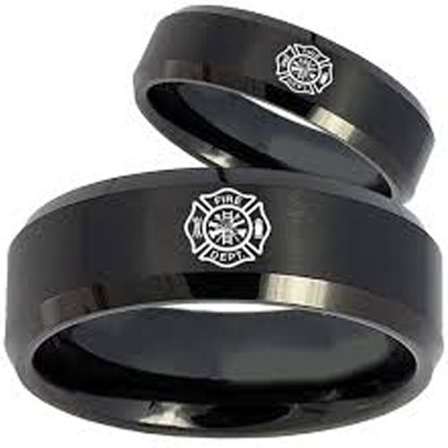 *COI Black Tungsten Carbide Firefighter Beveled Edges Ring-TG165