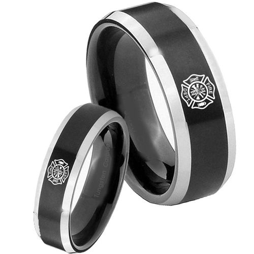 *COI Tungsten Carbide Black Silver Firefighter Ring-TG4667