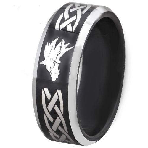 COI Tungsten Carbide Black Silver Wolf Celtic Ring-TG4677