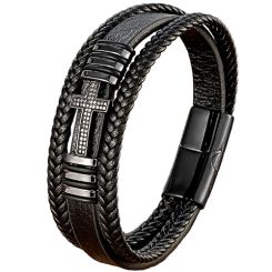 ***COI Titanium Black/Silver/Gold Tone Cross Cubic Zirconia Genuine Leather Bracelet With Steel Clasp(Length: 8.27 inches)-00004AA