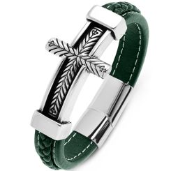 ***COI Titanium Black Silver Cross Genuine Leather Bracelet With Steel Clasp(Length: 7.87 inches)-00007AA