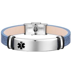***COI Titanium Black Silver Medical Alert Genuine Leather Bracelet With Steel Clasp(Length: 7.87 inches)-00019AA