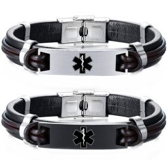 ***COI Titanium Black Silver Medical Alert Genuine Leather Bracelet With Steel Clasp(Length: 8.46 inches)-00028AA