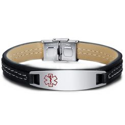 ***COI Titanium Medical Alert Genuine Leather Bracelet With Steel Clasp(Length: 8.27 inches)-00029AA