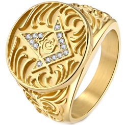 ***COI Gold Tone Titanium Masonic Freemason Ring With Cubic Zirconia-00040AA