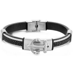 ***COI Titanium Black/Gold Tone/Silver Anchor Wire Genuine Leather Bracelet With Steel Clasp(Length: 8.27 inches)-00046AA