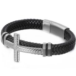 ***COI Titanium Black/Gold Tone/Silver Cross Genuine Leather Bracelet With Steel Clasp(Length: 8.46 inches)-00047AA