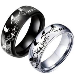 ***COI Titanium Black/Silver Branches & Bird Dome Court Ring-00056AA
