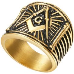 ***COI Titanium Black Gold Tone/Silver Masonic Freemason Ring-00063AA