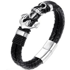 ***COI Titanium Black Silver Anchor Genuine Leather Bracelet With Steel Clasp(Length: 8.07 inches)-00072AA
