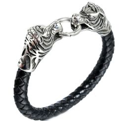 ***COI Titanium Tiger Head Genuine Leather Bracelet With Steel Clasp(Length: 8.27 inches)-00099AA