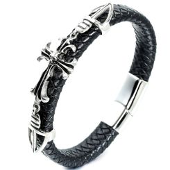 ***COI Titanium Cross Genuine Leather Bracelet With Steel Clasp(Length: 8.27 inches)-00100AA