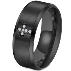 ***COI Titanium Black/Gold Tone/Silver Cross Beveled Edges Ring With Cubic Zirconia-00112AA