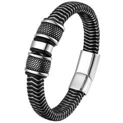 ***COI Titanium Black Silver Genuine Leather Bracelet With Steel Clasp(Length: 8.27 inches)-00145AA