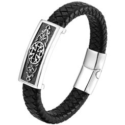 ***COI Titanium Black Silver Cross Celtic Genuine Leather Bracelet With Steel Clasp(Length: 8.27 inches)-00147AA