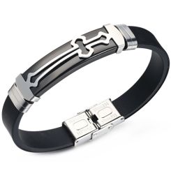 ***COI Titanium Black/Blue Silver Cross Rubber Bracelet With Steel Clasp(Length: 8.07 inches)-00148AA
