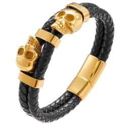 ***COI Titanium Black/Silver/Gold Tone Skull Genuine Leather Bracelet With Steel Clasp(Length: 9.06 inches)-00162AA