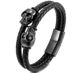 ***COI Titanium Black/Gold Tone Skull Genuine Leather Bracelet With Steel Clasp(Length: 8.46 inches)-00163AA