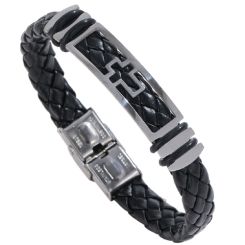 ***COI Titanium Cross Genuine Leather Bracelet With Steel Clasp(Length: 8.07 inches)-00180AA