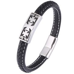 ***COI Titanium Cross Genuine Leather Bracelet With Steel Clasp(Length: 8.07 inches)-00183AA