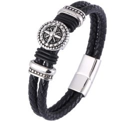 ***COI Titanium Black Silver Compass Genuine Leather Bracelet With Steel Clasp(Length: 8.07 inches)-00186AA