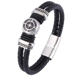 ***COI Titanium Black Silver Compass Genuine Leather Bracelet With Steel Clasp(Length: 8.07 inches)-00187AA