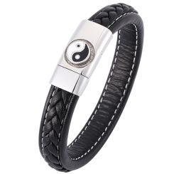 **COI Titanium Black Silver Yang Yeng Genuine Leather Bracelet With Steel Clasp(Length: 8.50 inches)-00190AA