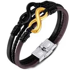 ***COI Titanium Black Gold Tone Infinity Genuine Leather Bracelet With Steel Clasp(Length: 7.87 inches)-00202AA