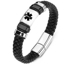 ***COI Titanium Black/Gold Tone Silver Medical Alert Genuine Leather Bracelet With Steel Clasp(Length: 7.87 inches)-00208AA