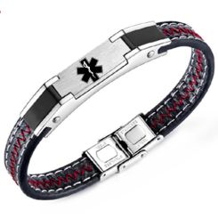 ***COI Titanium Black Silver Medical Alert Genuine Leather Bracelet With Steel Clasp(Length: 8.66 inches)-00209AA