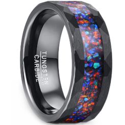 ***COI Black Tungsten Carbide Faceted Ring With Crushed Opal-00219AA