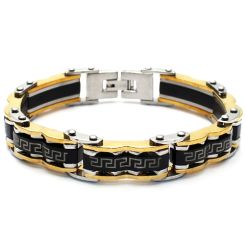 ***COI Titanium Blue Gold Tone Silver Greek Key Pattern Bracelet With Steel Clasp(Length: 8.66 inches)-00231AA