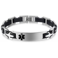 ***COI Titanium Black Silver Cross Medical Alert Bracelet With Steel Clasp(Length: 8.66 inches)-00233AA