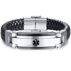 ***COI Titanium Black Silver Medical Alert Genuine Leather Bracelet With Steel Clasp(Length: 8.66 inches)-00235AA