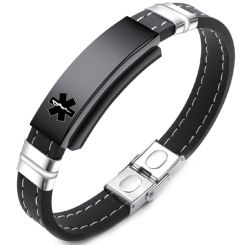***COI Titanium Black Silver Medical Alert Genuine Leather Bracelet With Steel Clasp(Length: 8.27 inches)-00283AA