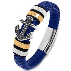 ***COI Titanium Black Gold Tone Silver Anchor Genuine Leather Bracelet With Steel Clasp(Length: 8.85 inches)-00284AA