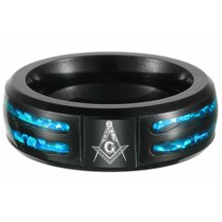 ***COI Black Titanium Crushed Opal Masonic Freemason Beveled Edges Ring-00286AA