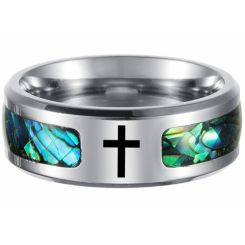 ***COI Titanium Abalone Shell Cross Beveled Edges Ring-00287AA