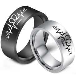 ***COI Titanium Black/Silver Heartbeat & Heart Music Note Ring-00298AA