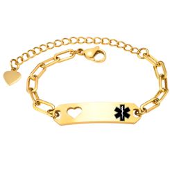***COI Titanium Gold Tone/Silver Medical Alert Heart Bracelet For Children With Steel Clasp(Length: 5.90 inches)-00317AA