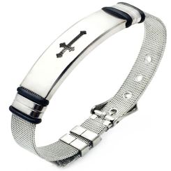 ***COI Titanium Black Silver Cross Bracelet With Steel Clasp(Length: 8.27 inches)-00340AA