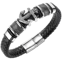***COI Titanium Black Silver Anchor Genuine Leather Bracelet With Steel Clasp(Length: 8.46 inches)-00341AA