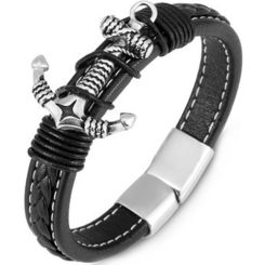 ***COI Titanium Black Silver Anchor Genuine Leather Bracelet With Steel Clasp(Length: 8.27 inches)-00344AA