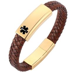 ***COI Gold Tone Titanium Medical Alert Genuine Leather Bracelet With Steel Clasp(Length: 8.07 inches)-00354AA