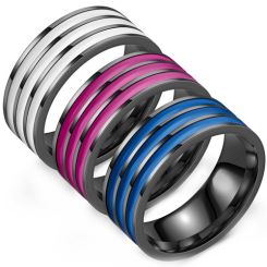 ***COI Black Titanium Blue/Purple/White Ceramic Triple Grooves Ring-00393AA